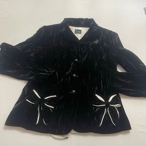 Firuze San Francisco Women’s Black Crushed Velvet Jacket White Bows Accent Sz 10